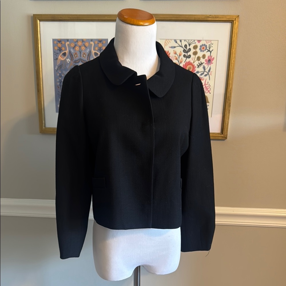 Black Textured Blazer with Cropped Fit and Rounded Collar